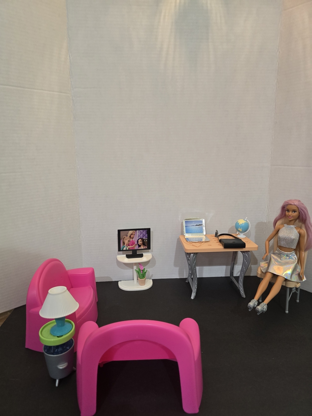 Mattel Pink Doll Living Room & Office Set with Silver-Top Desk
